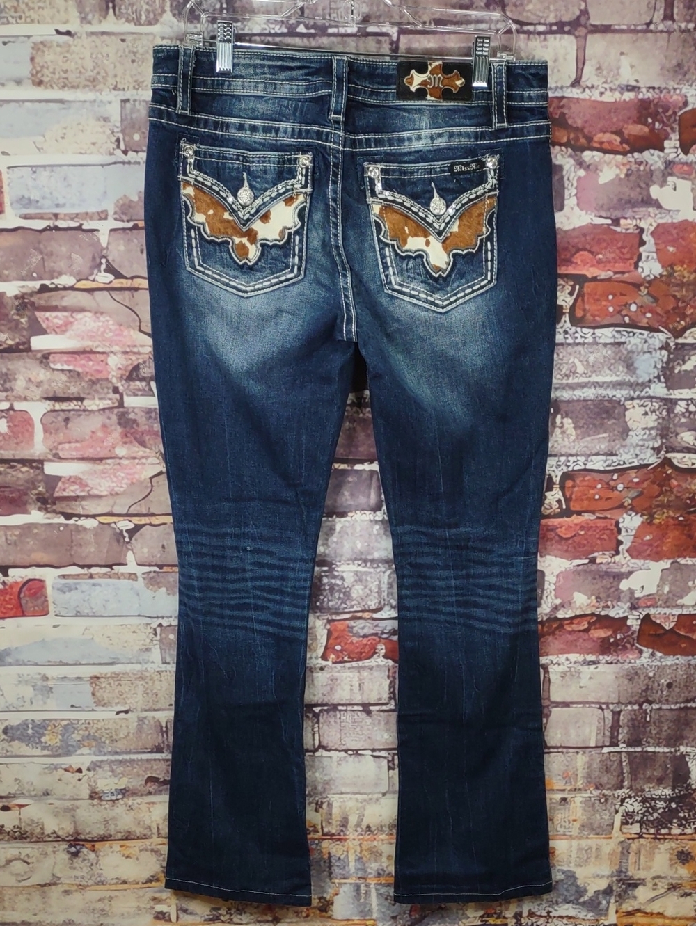 Miss Me Dark Blue Boot Cut Jeans with Brown Embroidered Pockets